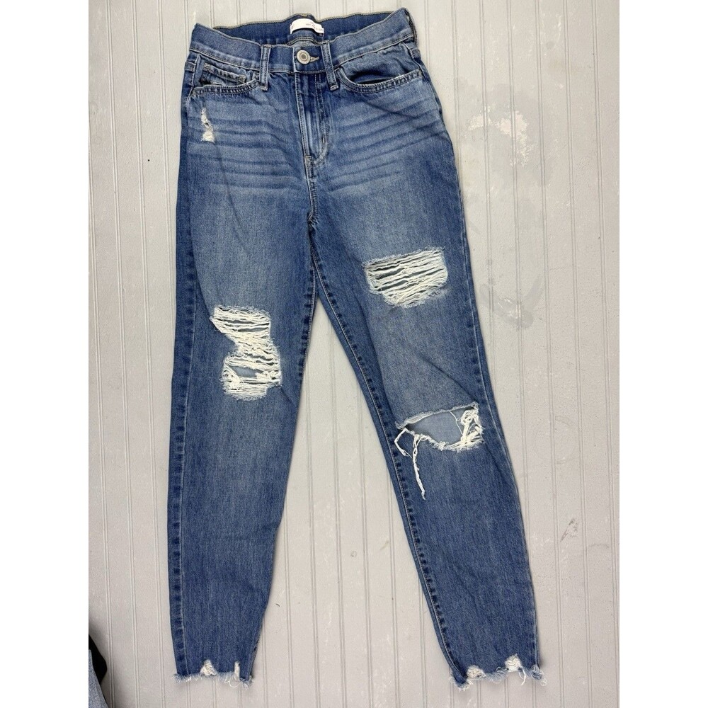 SO Size 0 24 Womens Jeans Hi Rise Mom Jean Skinny Raw Hem Distress Stretch